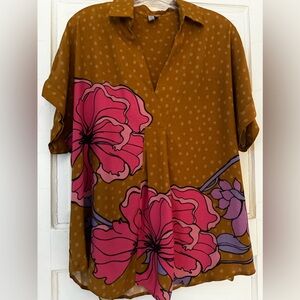 Bl^nk London (an Anthropologie brand) caramel blouse w/pink/purple floral design